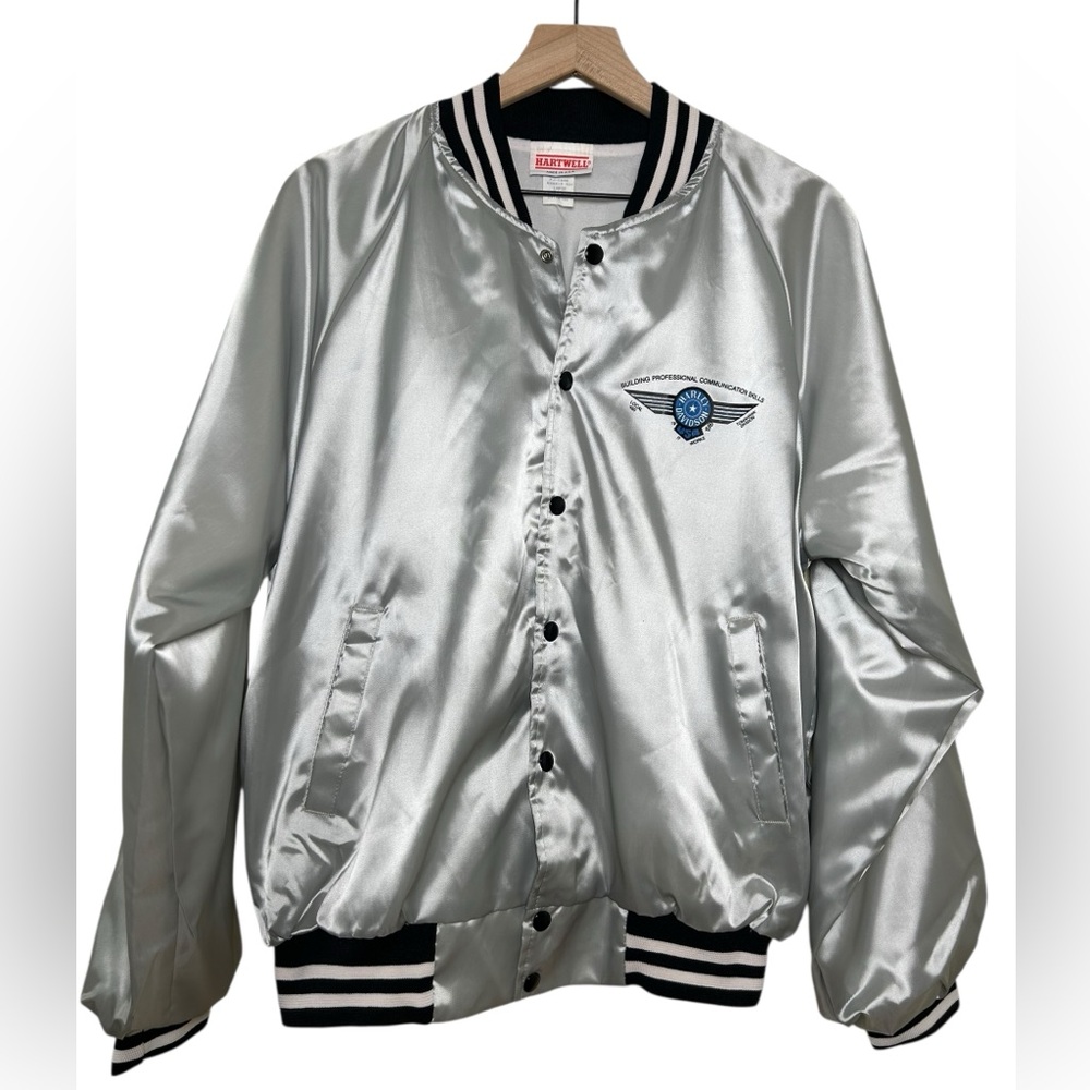 VTG 90s HARLEY DAVIDSON‎ Satin Bomber Jacket Silver Made in USA Large